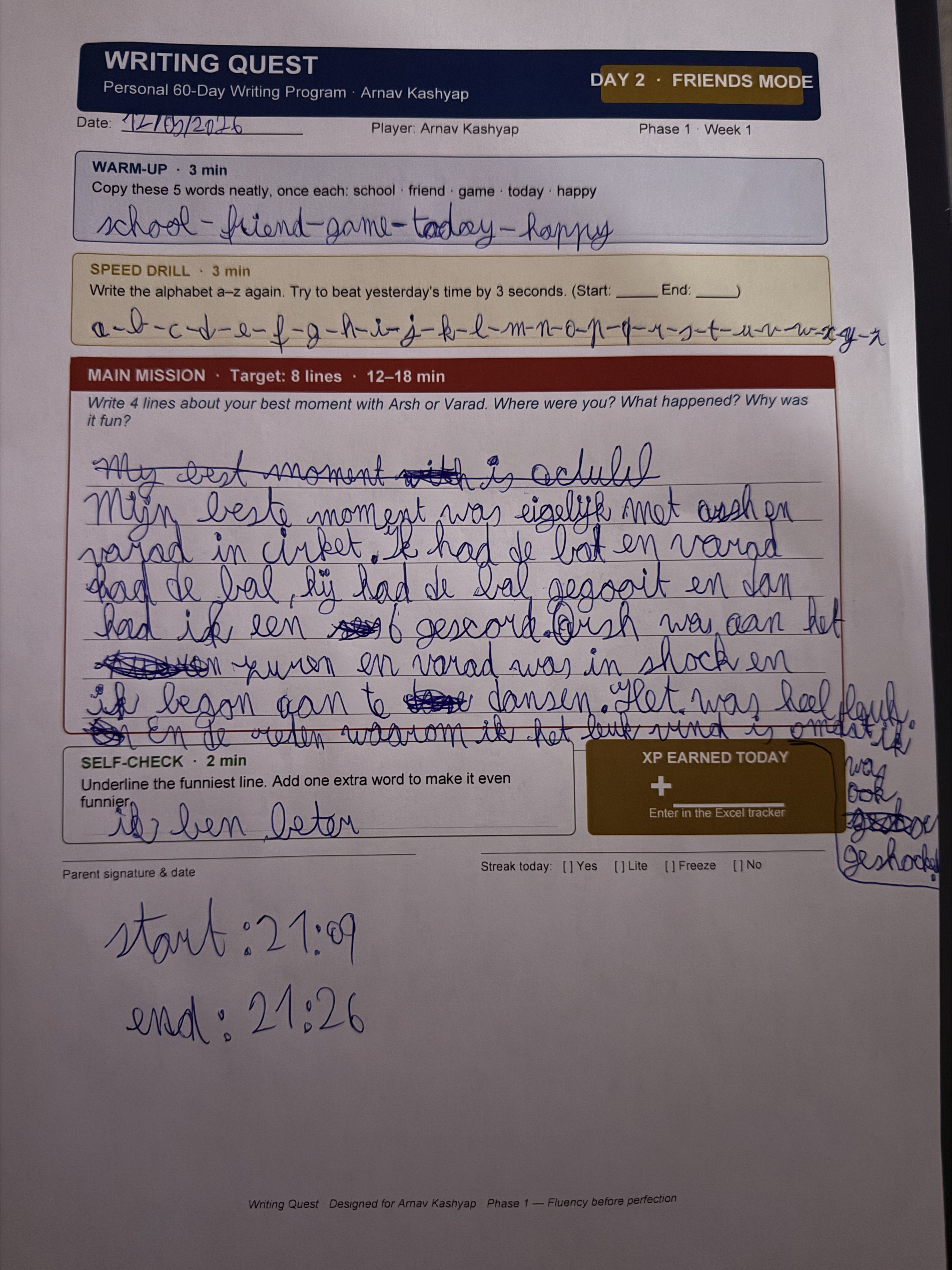 Arnav's Day 2 worksheet — Friends Mode
